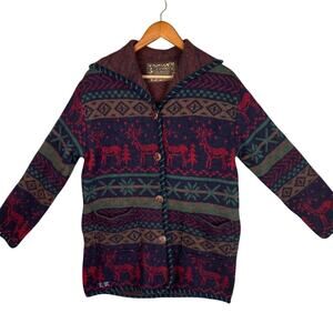 Y2K Wool Coat Fair Isle Detail Leather Button Up Hooded Multicolor Retro Winter